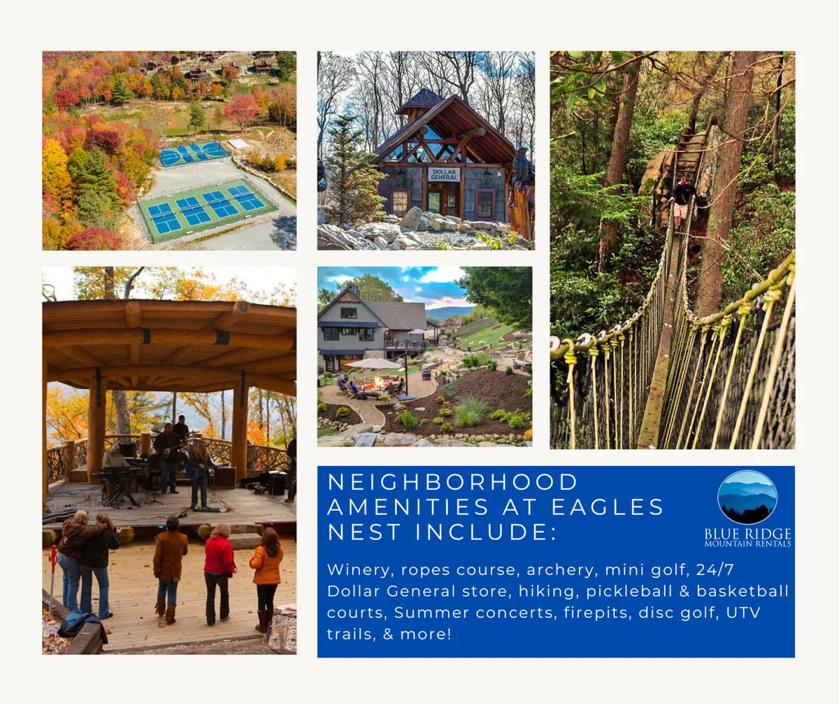 A vibrant exterior scene showing the Eagles Nest community's rooftop deck overlooking a vineyard, with views of the mini golf course and a concert stage in the distance. The area is filled with natural light and captures the energy of outdoor family fun and community events.